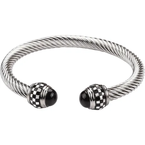Bracelet Jonc Ouvert en Câble Torsadé en Acier Inoxydable Minimaliste pour Hommes Motif à Carreaux Extrémités en Perles d'Onyx