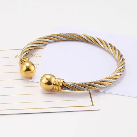 Bracelet Jonc en Acier Inoxydable Câble Torsadé Or Argent Bicolore Bracelet Ouvert Manchette Bijoux de Mode pour Unisexe
