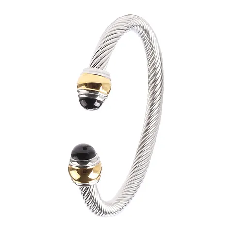 Bracelet Jonc Ouvert Pour Homme En Câble D'acier Inoxydable Or Bicolore Ligne Géométrique Poli Corde Torsadée Bijoux De Main