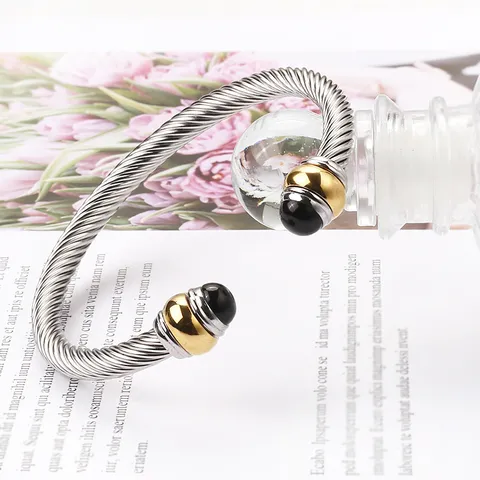 Bracelet Jonc Ouvert Pour Homme En Câble D'acier Inoxydable Or Bicolore Ligne Géométrique Poli Corde Torsadée Bijoux De Main