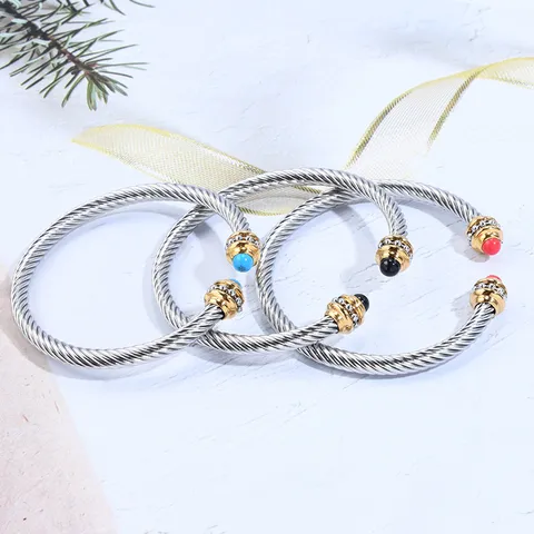 Bracelet Jonc Ouvert en Acier Inoxydable à Câble Torsadé pour Femme Bracelet Torsadé Plaqué Or Avec Perles d'Agate