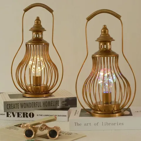Retro Iron LED Decorative Table Lamp Hollow Wire Cage Night Light Geometric Gold Lantern Desk Lamp For Bar Cafe Home