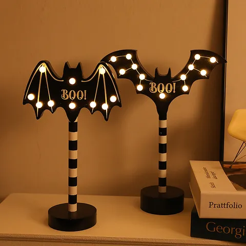 Halloween Houten LED Nachtlampje Creatief Geest Pompoen Schedel Vleermuis Vorm Desktop Decoratie Batterij Gevoed Sfeerlicht