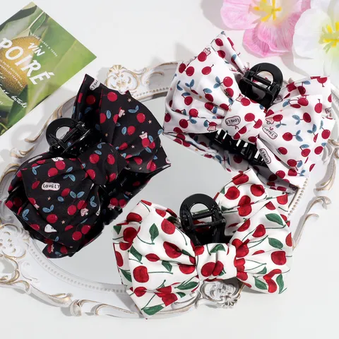 Fashion Sweet Fabric Bow Hair Claw Clip With Cherry Print Floral Leopard Shark Clip For Women Girls Daily Hair Accessories