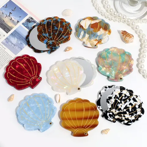 Ocean Series Shell Shaped Folding Compact Mirror Portable Pocket Makeup Mirror With Gold Line Acrylic Shell Mini Cosmetic Mirror