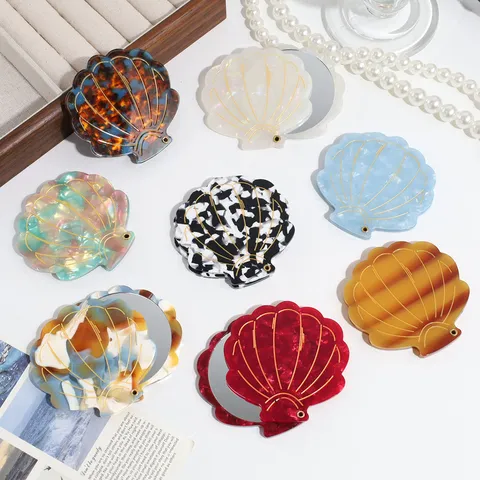 Ocean Series Shell Shaped Folding Compact Mirror Portable Pocket Makeup Mirror With Gold Line Acrylic Shell Mini Cosmetic Mirror