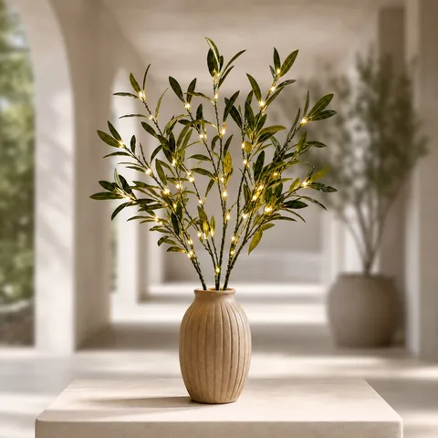 Luci LED Decorative a Foglia di Olivo Artificiale Con Vaso in Ceramica Lampada da Tavolo a Batteria Bianco Caldo