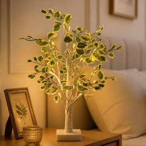 Lámpara LED Árbol de Abedul Hojas Verdes Artificiales Decoración de Mesa Blanco Cálido Alimentación por Batería USB Luz de Ambiente para Dormitorio Sala de Estar Hogar