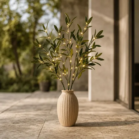 Luci LED Decorative a Foglia di Olivo Artificiale Con Vaso in Ceramica Lampada da Tavolo a Batteria Bianco Caldo