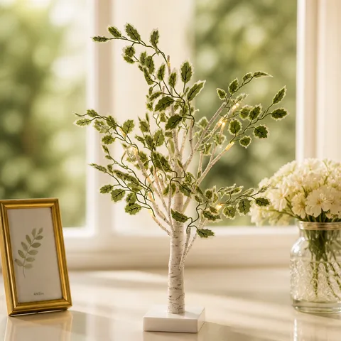 Lámpara LED Árbol de Abedul Hojas Verdes Artificiales Decoración de Mesa Blanco Cálido Alimentación por Batería USB Luz de Ambiente para Dormitorio Sala de Estar Hogar