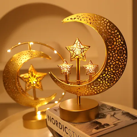 Lámpara LED de Hierro Luna y Estrella Decoración de Ramadan Eid Luz Nocturna Adorno de Escritorio Luz de Hogar