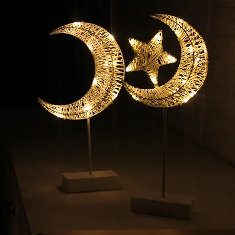 LED Rotan Gevlochten Nachtlampje Maan Ster Hart Tafellamp Batterij Gevoed Kerst Decoratieve Warm Wit Slaapkamer Lamp