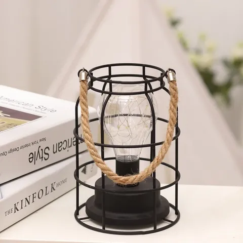 Lámpara de Mesa de Linterna de Hierro y Cuerda de Cáñamo Minimalista Moderna Luz Nocturna LED Lámpara de Atmósfera Industrial Retro para Bar Estudio Dormitorio Decoración