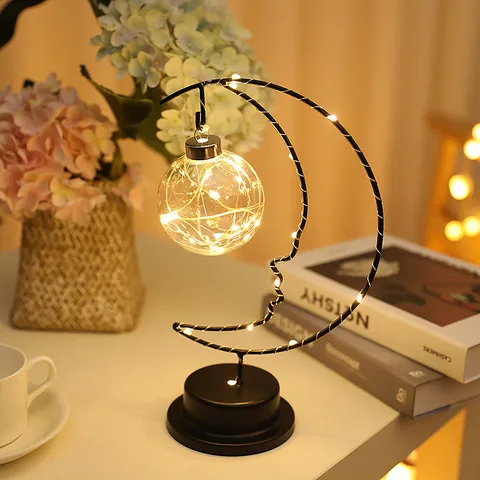 Creative Crescent Moon LED Night Light Glass Ball Fairy String Lamps Iron Desk Lamp For Bedroom Christmas Decoration Gift