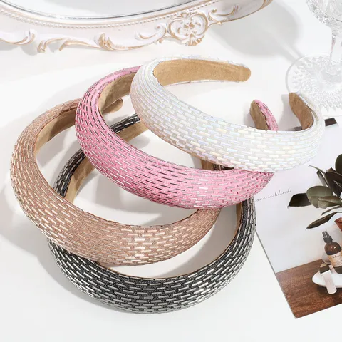 Fashion Wide Sponge Headband Woven Beads Rhinestone Hair Band For Women Commute Hair Accessories