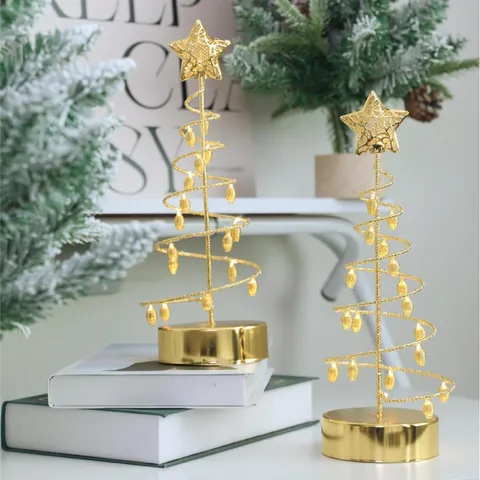LED Gold Weihnachtsbaum Tischlampe Metall Spirale Nachtlicht Festliche Haus Deko Für Schlafzimmer Wohnzimmer Schreibtisch Ornament