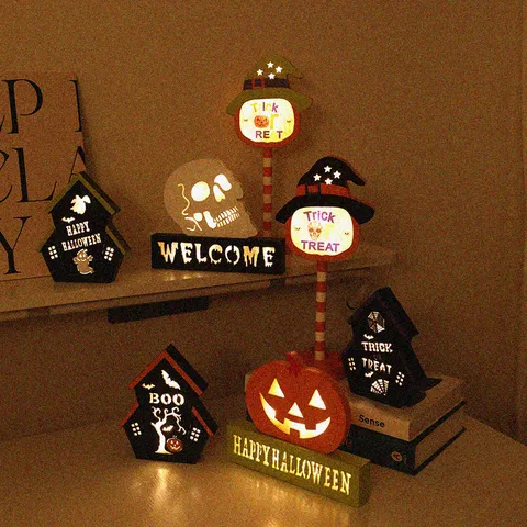 Halloween Feest Decoratieve LED Hanglampen Houten Pompoen Schedel Vleermuis Heks Huis Lantaarns Voor Binnen Sfeer Huis Decoratie
