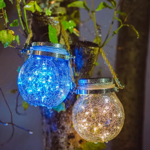 Solar Lantern Outdoor Waterproof LED Crackled Glass Jar Hanging Light With Hemp Rope Handle Decorative Landscape Lighting For Yard Garden