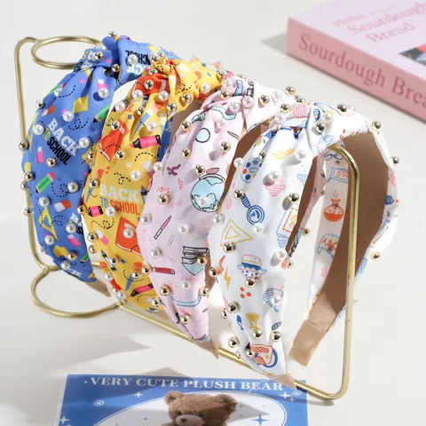 Back To School Knotted Headband Wide Fabric Print Hairband With Artificial Pearls School Themed Hair Accessories For Women Girls