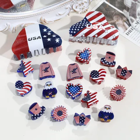 Women US Independence Day Hair Claws Fashion Red White Blue Flag Glitter Star Heart Eagle Mini Hair Grips Jewelry Gift