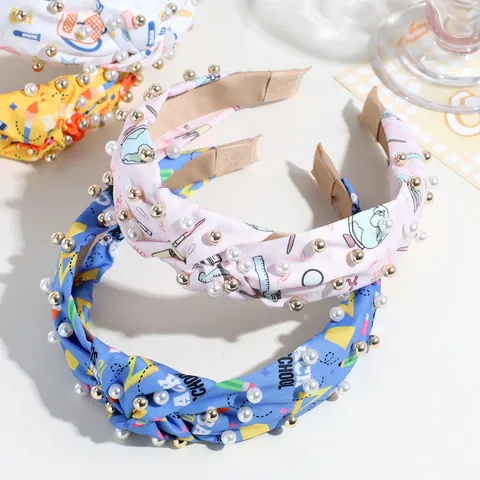 Back To School Knotted Headband Wide Fabric Print Hairband With Artificial Pearls School Themed Hair Accessories For Women Girls