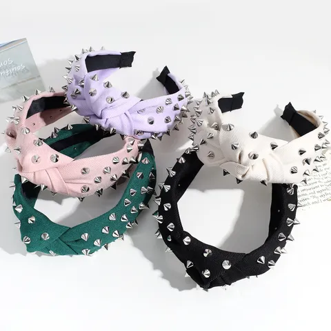 Fashion Punk Style Knotted Fabric Headband With Metal Rivets Solid Color Wide Hair Hoop Women Daily Hair Accessories
