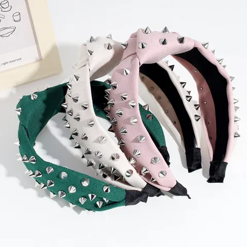 Fashion Punk Style Knotted Fabric Headband With Metal Rivets Solid Color Wide Hair Hoop Women Daily Hair Accessories