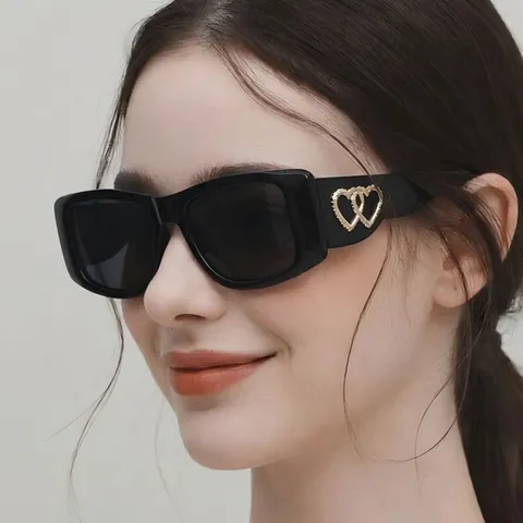 Retro Cat Eye Sunglasses For Women Double Heart Metal Decor Fashion Square PC Frame UV400 Sun Glasses Outdoor Beach Eyewear