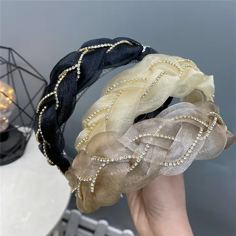 Women Fashion Organza Braided Headband Rhinestone Chain Hair Hoop High Crown Sweet Hair Accessories For Daily Party Wear