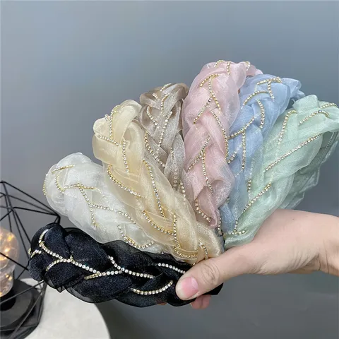 Women Fashion Organza Braided Headband Rhinestone Chain Hair Hoop High Crown Sweet Hair Accessories For Daily Party Wear