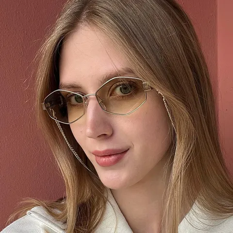 Vintage Polygon Metallrahmen Sonnenbrille Mit Kette Trendige Unisex Geometrische Vollrand Brille UV400 Sonnenschutz