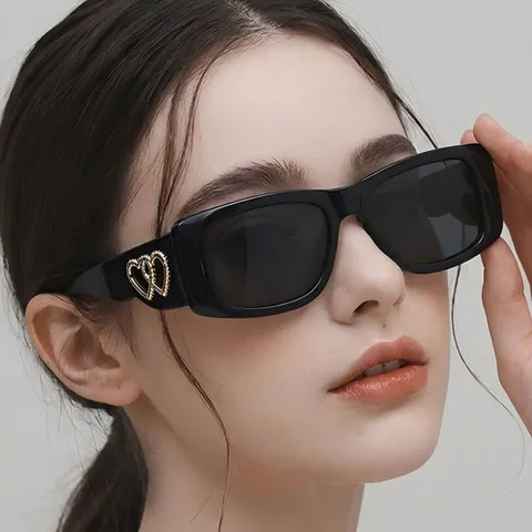 Retro Cat Eye Sunglasses For Women Double Heart Metal Decor Fashion Square PC Frame UV400 Sun Glasses Outdoor Beach Eyewear