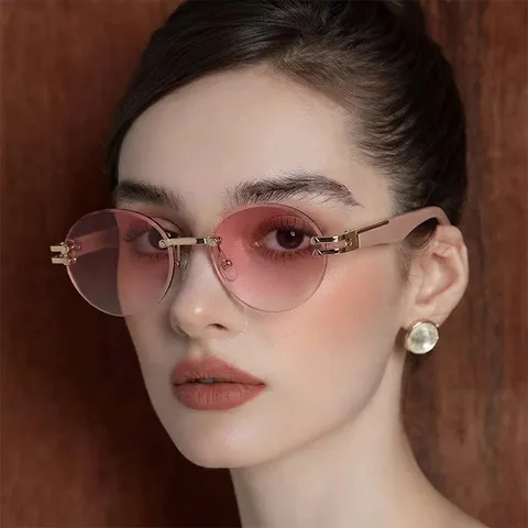 Gafas de Sol Redondas Sin Marco Vintage Para Mujeres Hombres UV400 Borde Cortado Marco de Metal Estilo Callejero Vacaciones