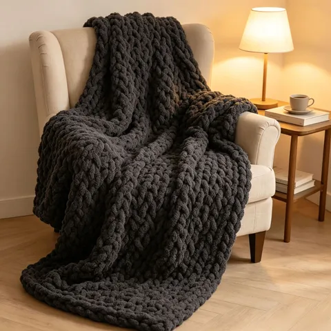 Coperta in Maglia Grossa Nera Ciniglia Fatta a Mano Coperta Morbida Calda Accogliente per Divano Letto Soggiorno Decorazione Casa