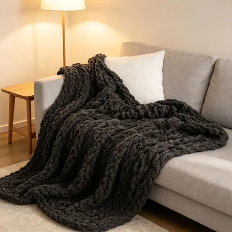 Coperta in Maglia Grossa Nera Ciniglia Fatta a Mano Coperta Morbida Calda Accogliente per Divano Letto Soggiorno Decorazione Casa