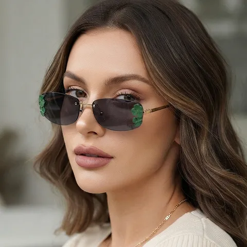 Lunettes de Soleil Carrées Sans Monture Monture en Métal Décoration de Feuille Lunettes Punk Style Ins Protection Solaire Lunettes de Soleil pour Unisex Quotidien Extérieur Fête