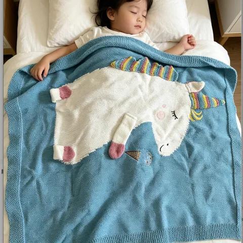 Handgemachte Einhorn Strick Babydecke Kunstkaschmir Kinder Bettdecke Süßes Cartoon Tier Design Kinderwagen Decke