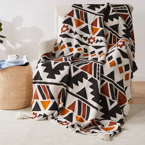 Bohemian Knitted Jacquard Throw Blanket Geometric Pattern Fringe Sofa Blanket Soft Warm Decorative Blanket For Home