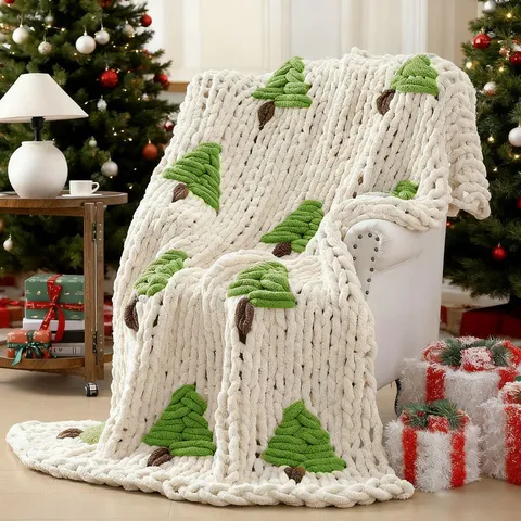 Chenille Knit Blanket Christmas Tree Throw Blanket Soft Warm Cozy Decorative Blanket For Sofa Bed Living Room Winter