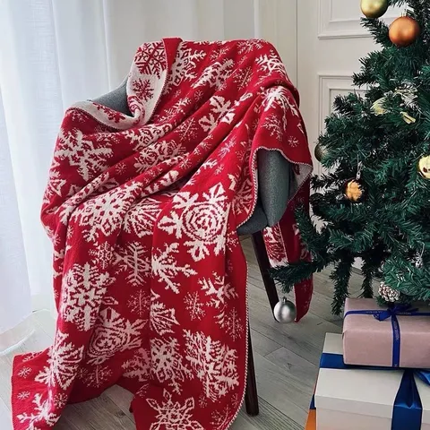 Christmas Knitted Jacquard Blanket Soft Warm Throw Blanket For Sofa Bed Nordic Style Snowflake Pattern Holiday Gift Decor