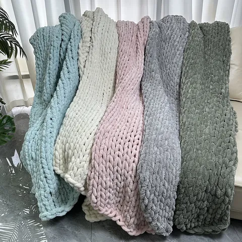 Chunky Chenille Knit Blanket Hand Made Soft Warm Throw Blanket For Sofa Bed Living Room Home Decor Polyester Cozy Blankets