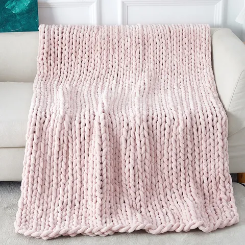 Chunky Chenille Knit Blanket Hand Made Soft Warm Throw Blanket For Sofa Bed Living Room Home Decor Polyester Cozy Blankets