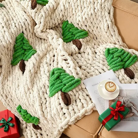 Chenille Knit Blanket Christmas Tree Throw Blanket Soft Warm Cozy Decorative Blanket For Sofa Bed Living Room Winter