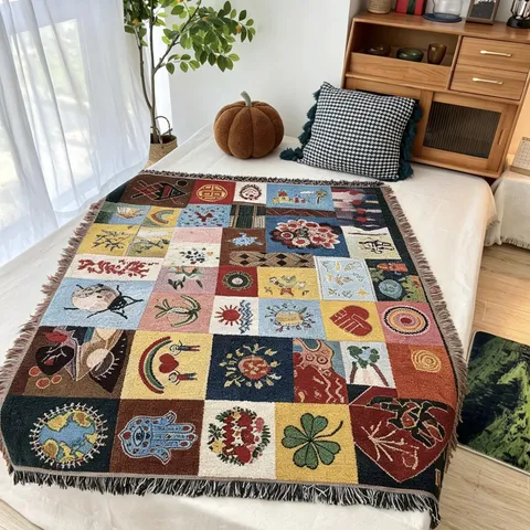Multinational Style Woven Jacquard Blanket Throw With Fringe Artistic Tapestry For Living Room Bedroom Sofa Home Decor