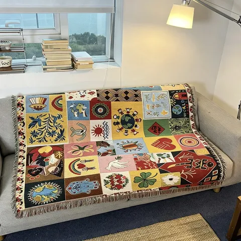 Multinational Style Woven Jacquard Blanket Throw With Fringe Artistic Tapestry For Living Room Bedroom Sofa Home Decor