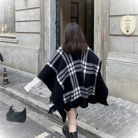 Dames Gebreide Jacquard Ruit Sjaal Kwastje Elegante Cape Herfst Winter Warm Acryl Poncho Jas