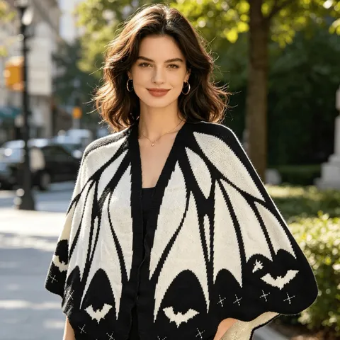 Halloween Bat Wing Knit Shawl Cape Women Gothic Irregular Ghost Cardigan Open Front Poncho Wrap Fall Winter Outerwear