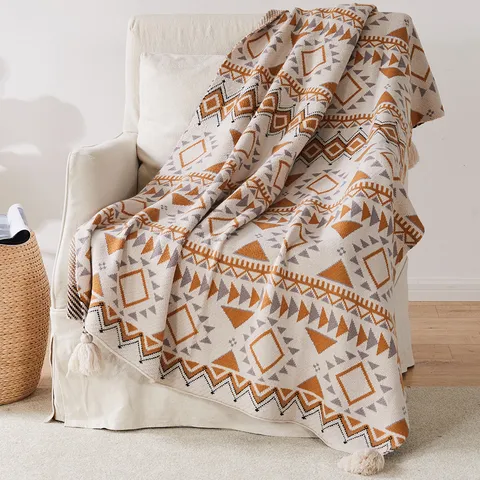 Ethnic Geometric Knitted Jacquard Throw Blanket Tassels Acrylic Soft Warm Sofa Bed Blanket Decorative Bedspread