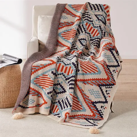 Bohemian Knitted Tassel Throw Blanket Acrylic Geometric Soft Warm Sofa Blanket For Living Room Bedroom Home Decor