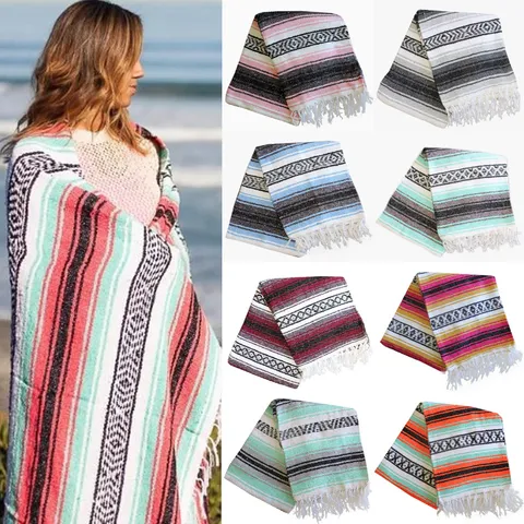 Woven Geometric Fringe Mexican Blanket Throw Multipurpose Blanket For Beach Picnic Yoga Travel Home Decor